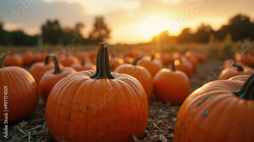 Stunning Pumpkin Patch at Sunset: Capturing Autumn Harvest Vibes, Perfect for Fall Festival, Thanksgiving, and Halloween Season Photography