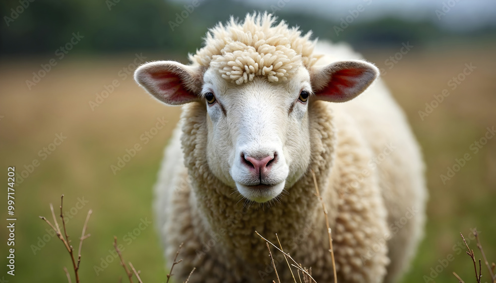 Fototapeta premium sheep lamp ewe ram close up with white wool in the field