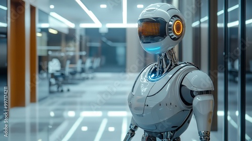 A white humanoid robot stands in a modern office hallway.