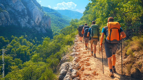 A group of hikers walking up a rugged mountain trail.
