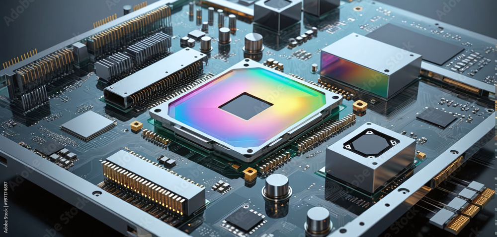 Illustrative color illustration of a close-up of a computer processor or printed circuit board with a high performance chip for fast calculation of binary processes Illustrative color illustration of a close-up of a computer processor or printed circuit board with a high performance chip for fast calculation of binary processes