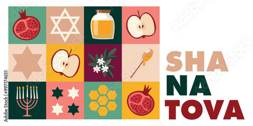 Modern Rosh Hashanah greeting card, invitation. Shana Tova background, banner with honey, apple, pomegranate fruit. Menorah candle holder. Geometric style. Happy Jewish New Year concept