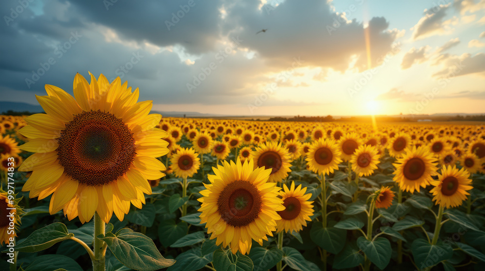 Fototapeta premium Stunning Sunset Over Vibrant Sunflower Field – Nature Photography of Summer Blooms in Rural Countryside