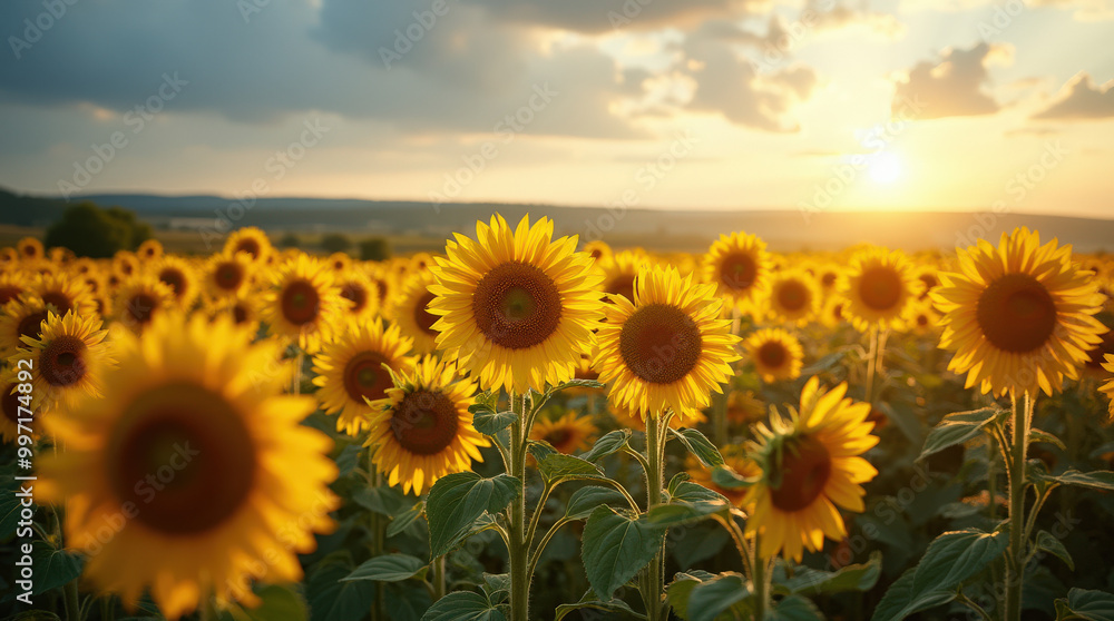 Fototapeta premium Stunning Sunset Over Vibrant Sunflower Field – Nature Photography of Summer Blooms in Rural Countryside