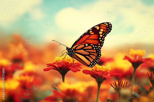 A monarch butterfly with orange and black wings feeds on a colorful flower in a summer garden