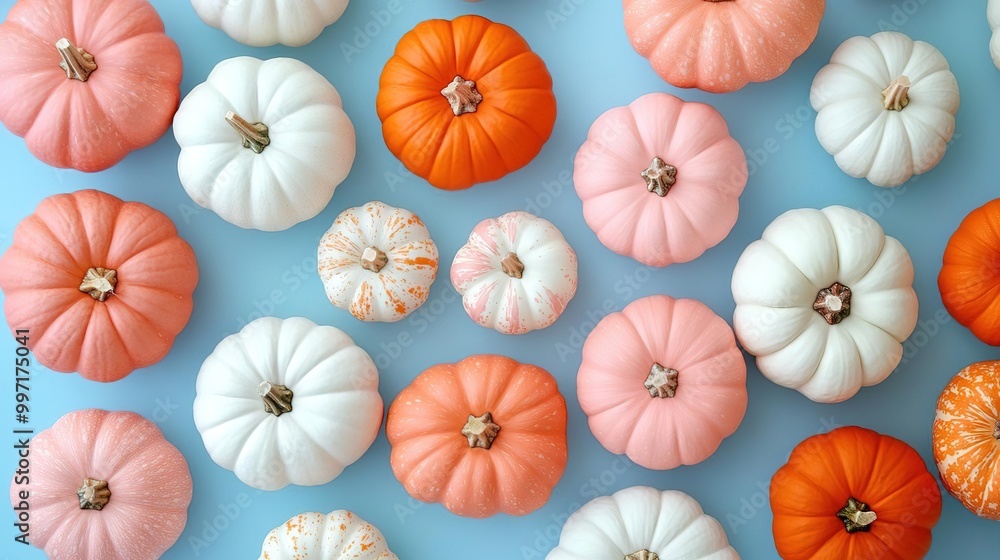 A vibrant arrangement of colorful pumpkins on a blue background, perfect for autumn themes and seasonal decorations. A vibrant arrangement of colorful pumpkins on a blue background, perfect for autumn themes and seasonal decorations.