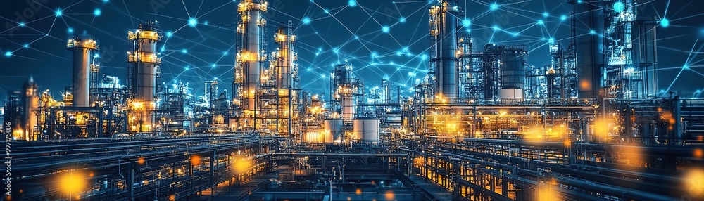 A stunning view of a modern industrial landscape illuminated by digital connections and glowing lights at night. A stunning view of a modern industrial landscape illuminated by digital connections and glowing lights at night.