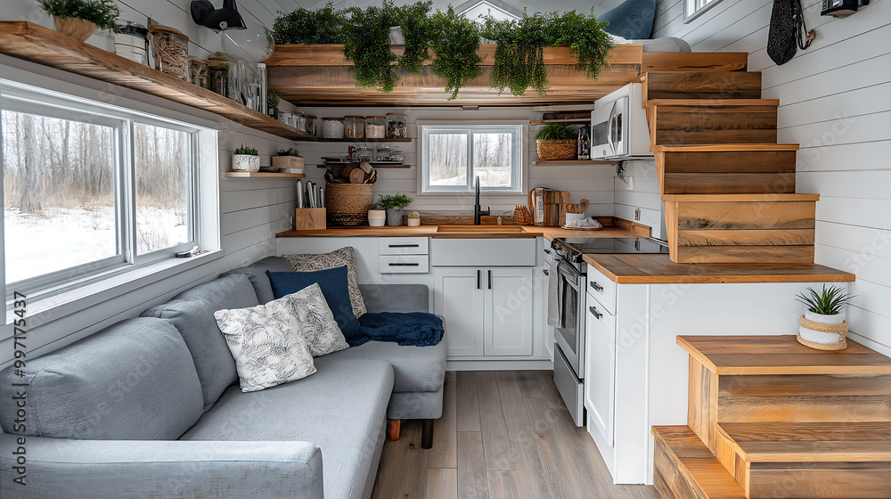 Modern tiny living room in luxurious camper van interior with kitchen, comfortable