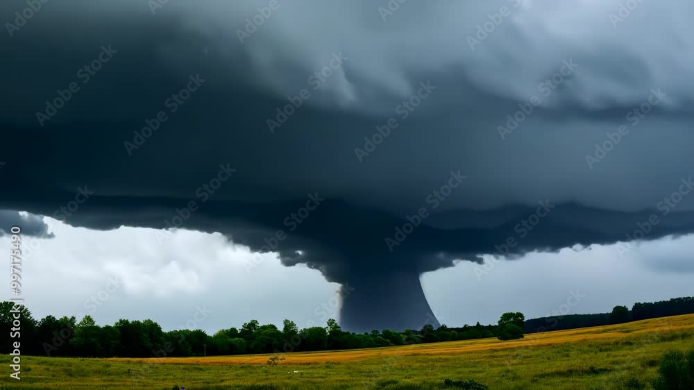 Supercell thunderstorm rotates over a rural landscape, creating a funnel cloud in a dramatic display of nature's power Supercell thunderstorm rotates over a rural landscape, creating a funnel cloud in a dramatic display of nature's power