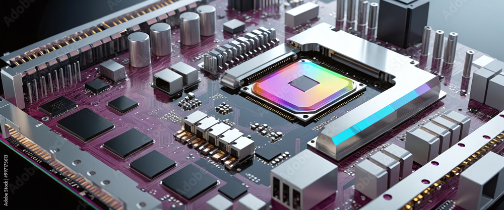 Obraz premium Illustrative color illustration of a close-up of a computer processor or printed circuit board with a high performance chip for fast calculation of binary processes