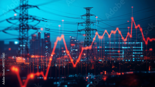 Power line with price chart. Rising electricity bill. Rising energy price, electricity price growth, Energy crisis background, backdrop.