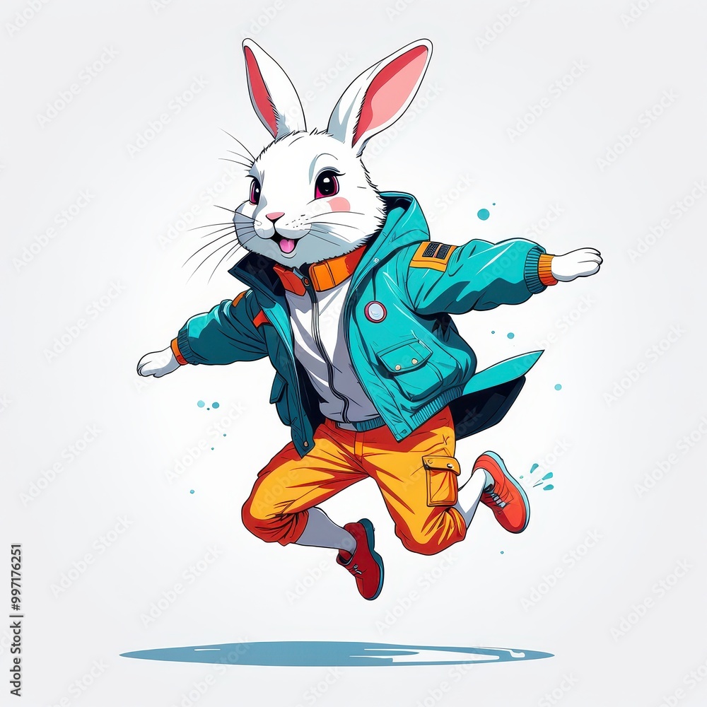 A stylized cartoon rabbit in a vibrant outfit, jumping energetically. A stylized cartoon rabbit in a vibrant outfit, jumping energetically.