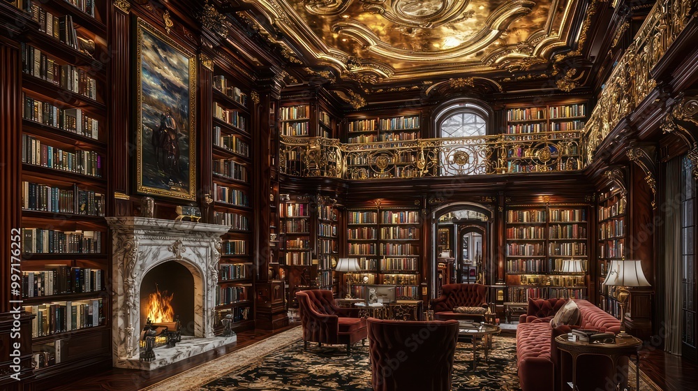 Obraz premium A grand library with floor-to-ceiling mahogany shelves, a marble fireplace, and plush velvet seating Gold leaf adorns the ornate ceiling, creating a warm, inviting ambiance