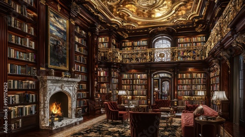 A grand library with floor-to-ceiling mahogany shelves, a marble fireplace, and plush velvet seating Gold leaf adorns the ornate ceiling, creating a warm, inviting ambiance