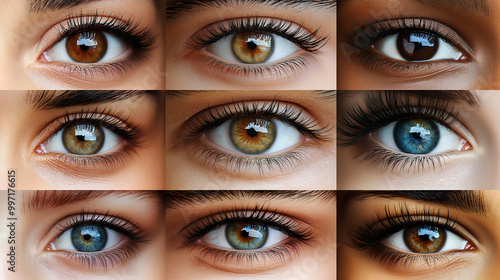 Close-up of different colors of woman's eyes, a variety of eye colors, eye color