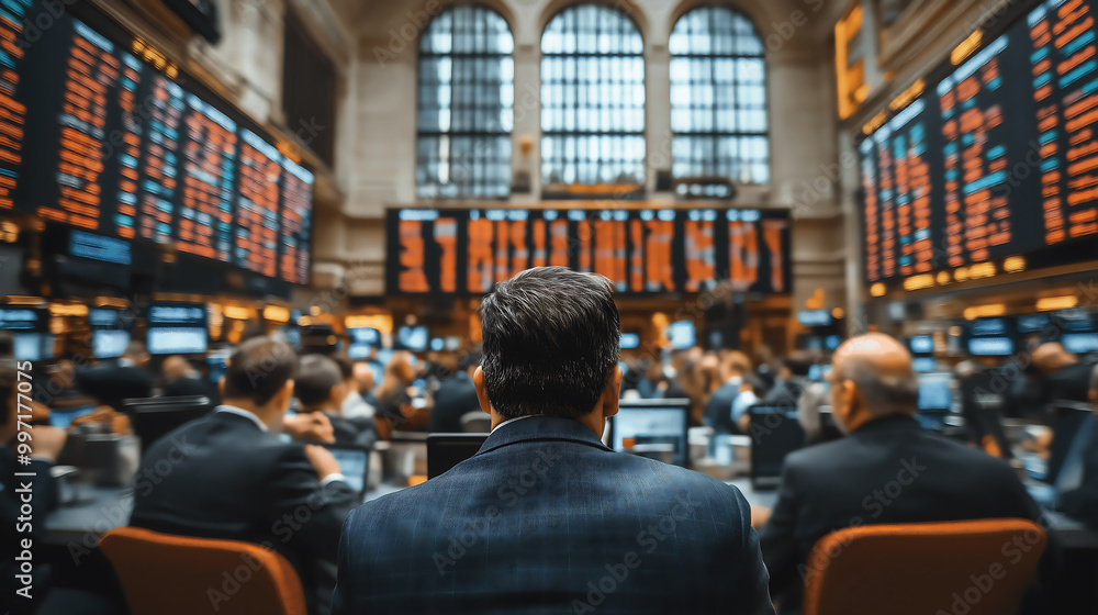 A bustling trading floor filled with people during a stock market crash, a scared man trader on the stock exchange A bustling trading floor filled with people during a stock market crash, a scared man trader on the stock exchange