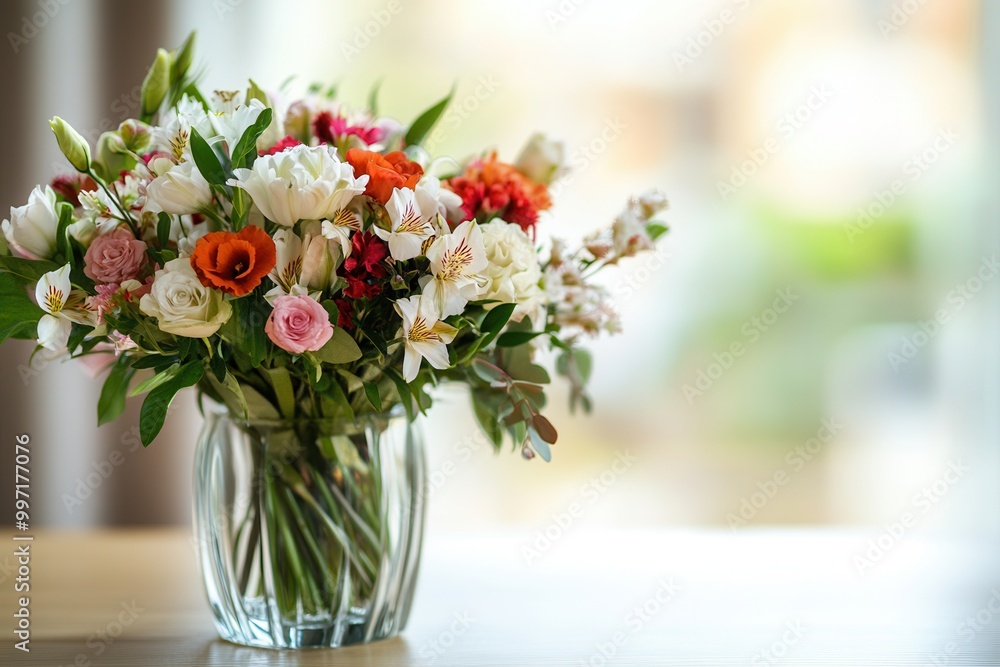 A beautifully arranged bouquet of colorful mixed flowers sits in a glass vase on a light wooden table, enhancing the indoor atmosphere. Generative AI A beautifully arranged bouquet of colorful mixed flowers sits in a glass vase on a light wooden table, enhancing the indoor atmosphere. Generative AI
