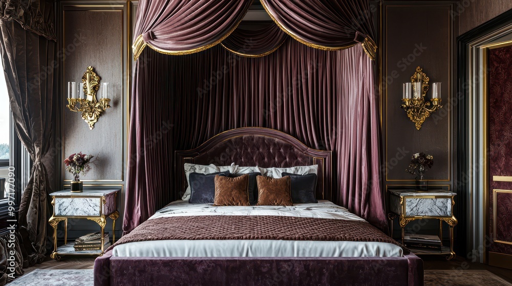 A grand master suite with a velvet canopy bed, marble nightstands, and ...
