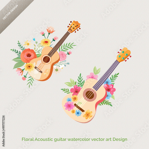 Floral Acoustic Guitar - Watercolor Vector Art Design