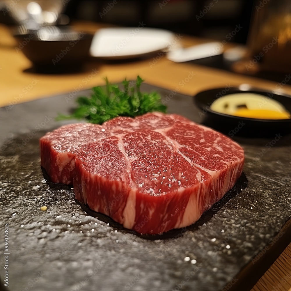 a raw steak on a counter top, marbled beef a raw steak on a counter top, marbled beef