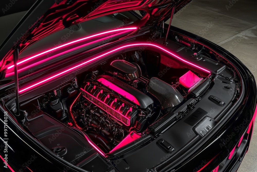 Customized engine bay with polished chrome parts and neon lights highlighting details. Customized engine bay with polished chrome parts and neon lights highlighting details.