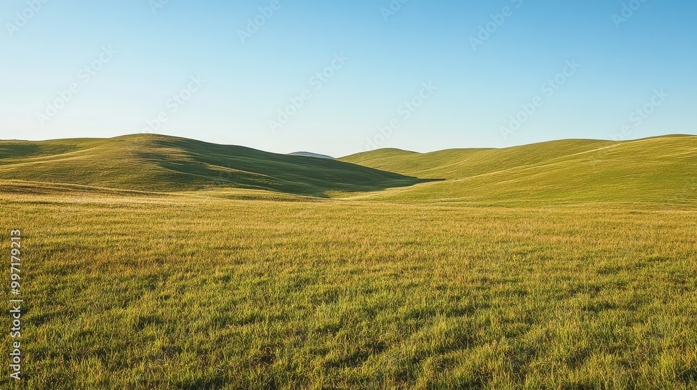 Fototapeta premium The expansive grassy hillside rolls gently, with lush greenery extending as far as the eye can see, creating a serene natural environment under bright skies