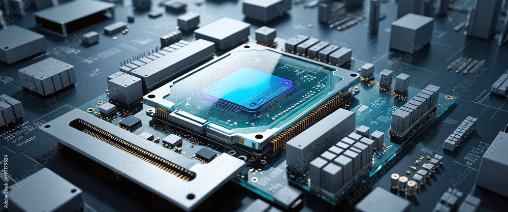 Illustrative color illustration of a close-up of a computer processor or printed circuit board with a high performance chip for fast calculation of binary processes Illustrative color illustration of a close-up of a computer processor or printed circuit board with a high performance chip for fast calculation of binary processes