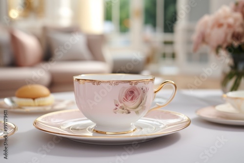 Wallpaper Mural Exquisite Pink Floral Teacup and Saucer Set with Gold Trim on White Table, Elegant Home Interior Torontodigital.ca