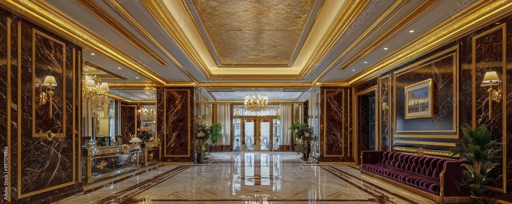 Obraz premium A grand vestibule with a high marble ceiling, gold trim, and velvet-lined walls This entryway impresses guests with its luxurious design and welcoming atmosphere