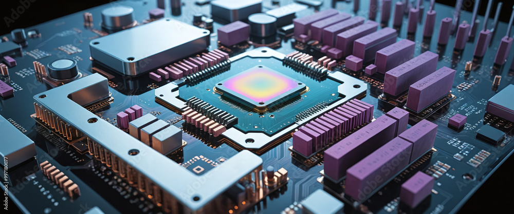 Illustrative color illustration of a close-up of a computer processor or printed circuit board with a high performance chip for fast calculation of binary processes Illustrative color illustration of a close-up of a computer processor or printed circuit board with a high performance chip for fast calculation of binary processes