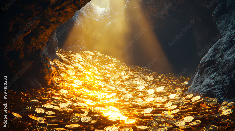 Gold coins in a cave with sunlight shining down. Glistening Cave. Illustration Gold coins in a cave with sunlight shining down. Glistening Cave. Illustration