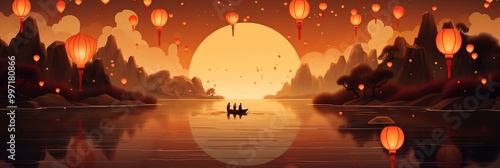 Chinese MidAutumn Festival where lanterns are released into a river each one carrying a small glowing creature in a minimalist ethereal vector scene illuminating the water as they drift downstream