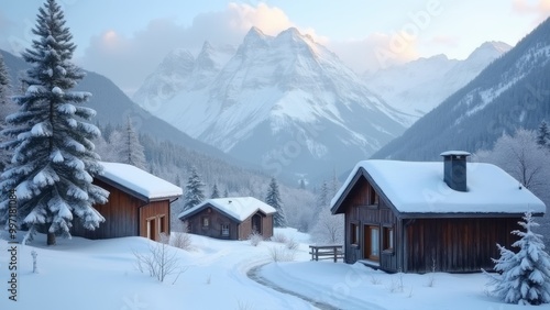 Generative AI, a snowy mountain scene with a cabin in the foreground and a mountain range in the background with snow on the ground, winter, a matte painting, german romanticism 