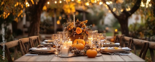 A beautifully arranged outdoor dinner table adorned with pumpkins, candles, and autumn decor, set in a warm, inviting atmosphere. photo