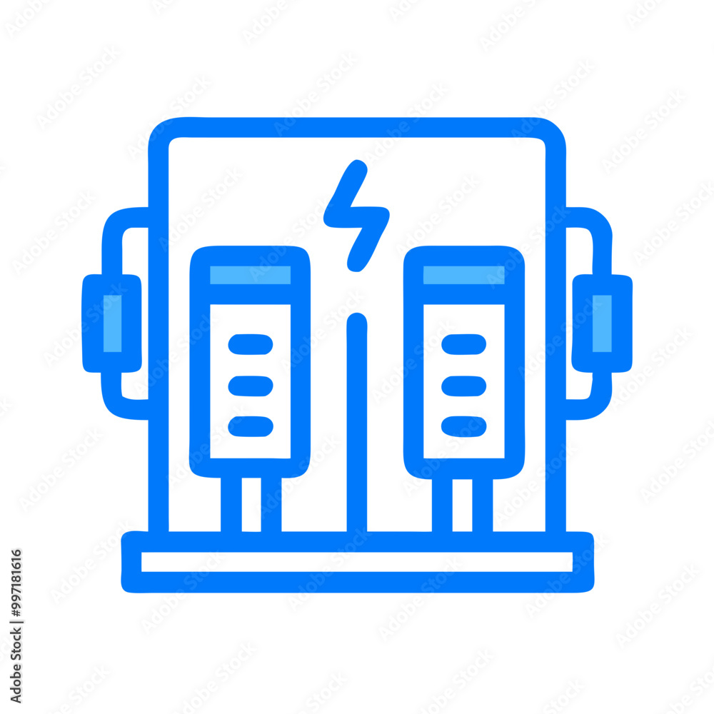 A blue robot with two heads and two ears is shown with a power source. The robot is designed to provide electricity to other devices A blue robot with two heads and two ears is shown with a power source. The robot is designed to provide electricity to other devices