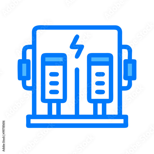 A blue robot with two heads and two ears is shown with a power source. The robot is designed to provide electricity to other devices