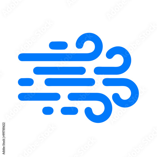 A blue and white wind symbol with a blue arrow pointing to the right. The wind symbol is meant to represent a gust of wind