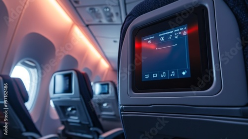 An up-close view of an airline seat's in-flight entertainment screen