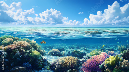 Illustration of peaceful atoll with vibrant coral reefs and abundant marine life. Coral Atoll. Illustration photo