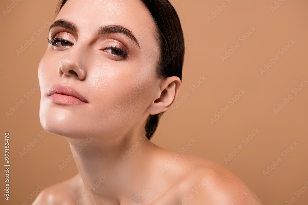 Photo banner with gorgeous stunning tender lady isolated on pastel color background Photo banner with gorgeous stunning tender lady isolated on pastel color background