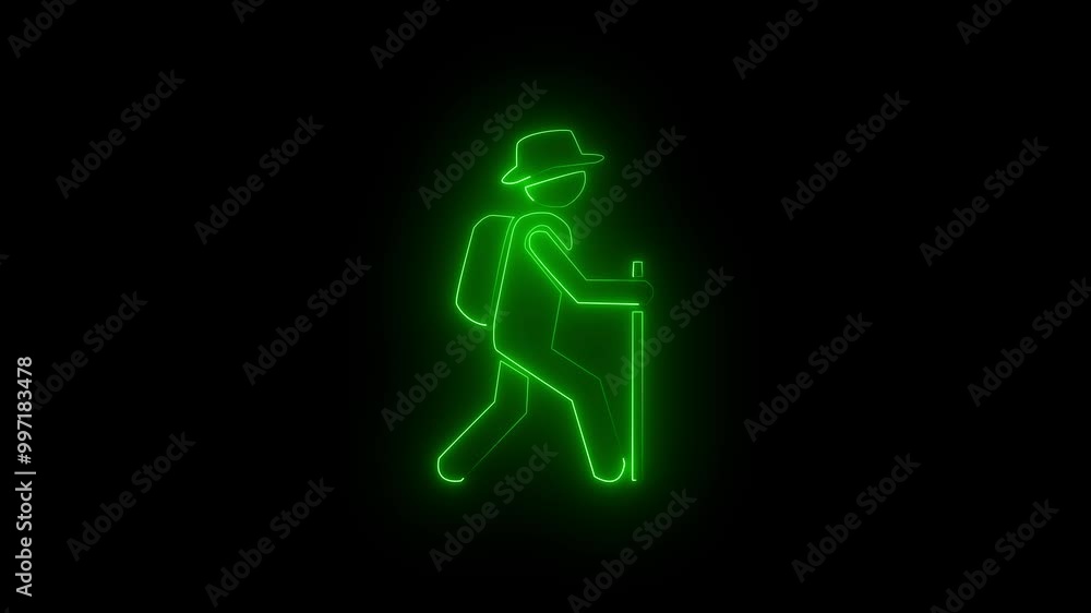 The appearance of the green color glowing neon line symbol hiking. Flicker, In - Out. Alpha channel - Matted with color black background. The appearance of the green color glowing neon line symbol hiking. Flicker, In - Out. Alpha channel - Matted with color black background.