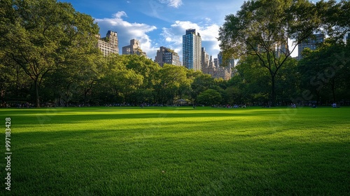 A verdant lawn in a spacious urban park