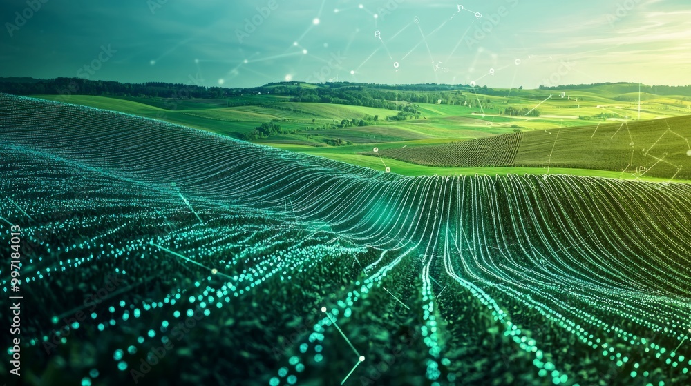 Futuristic AI Crop Analysis and Yield Prediction System in Vibrant Landscape