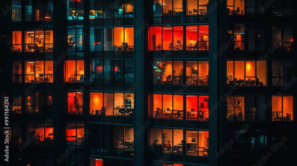 Lit office building windows glow warm against the blue evening, showing bustling city life and after-hours activity. Concept: Urban work culture. Lit office building windows glow warm against the blue evening, showing bustling city life and after-hours activity. Concept: Urban work culture.