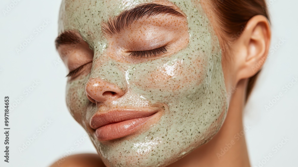 Fototapeta premium A woman with her hair in a bun relaxes with a green face mask, eyes closed, exuding calm and skincare rejuvenation. Isolated on white.