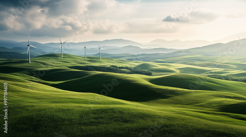 Wind Turbines on Grassy Hills - green energy,
