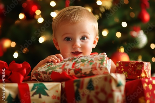 Child eagerly unwrapping a present under the christmas tree surrounded by colorful gifts.