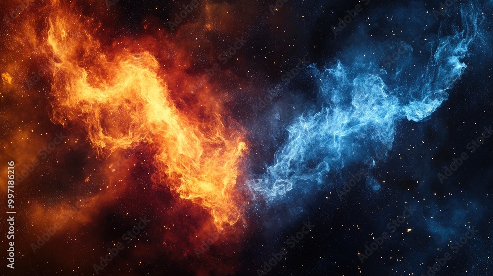 Naklejka premium Abstract fire and ice elements floating in cosmic space, creating a striking visual perfect for inspiring digital art and design projects