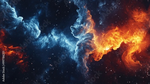 Abstract fire and ice elements floating in cosmic space, creating a striking visual perfect for inspiring digital art and design projects