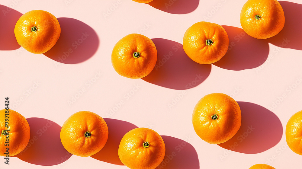 a seamless photographic pattern of oranges, each with its shadow, scattered across the canvas in an elegant display, with soft shadows on a soft pale pink color background a seamless photographic pattern of oranges, each with its shadow, scattered across the canvas in an elegant display, with soft shadows on a soft pale pink color background